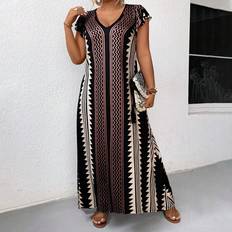 Loose - Women Dresses Shein Plus Size Womens Geometric Pattern Ruffle Sleeve Maxi Dress