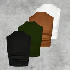 High Collar Tank Tops Shein Calvaya Plus Size Solid Color Sleeveless Top With Pleats & Stand Collar - Spring/Summer