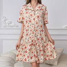 Multicoloured - Women Nightgowns Shein Flower Printed Button Down Nightgown With Ruffle Hem