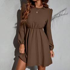 Shein Klänningar Shein Solid Color Long Sleeve Waist Gathered Dress, Perfect For Music Festivals And Casual Occasions