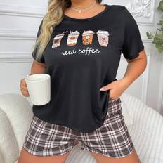 Shein Sleepwear Shein Big Cartoon Coffee Printed Round Neck Short Sleeve T-Shirt And Checkered Pattern Shorts Pajama Set