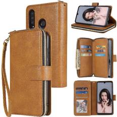 Huawei P30 Lite Wallet Cases GANGXUN Brown Case For Huawei P30 Lite Flip Cover Zipper Pocket With Hand Strap Card Holder Wallet Case With 9 Card Slots