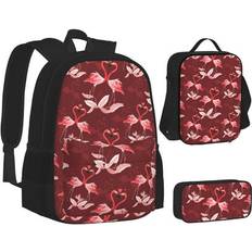 Backpacks Lakimct Tropical Red Flamingos Heart School Backpack Set for Boys Girls Womens Men Laptop Bookbag Casual Daypack Fits 15 inch Laptop with Lunch Tote Bag & Pencil Bag