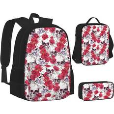 School Bags Lakimct Skulls Red Rose Flowers School Backpack Set for Boys Girls Womens Men Laptop Bookbag Casual Daypack Fits 15 inch Laptop with Lunch Tote Bag & Pencil Bag