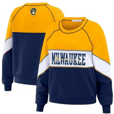 Gold Jumpers Wear by Erin Andrews Women's Gold, Navy Milwaukee Brewers Crewneck Pullover Sweatshirt Gold, Navy