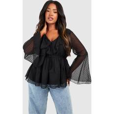 XL Blouses boohoo Plus Dobby Ruffle Flared Sleeve Blouse Black