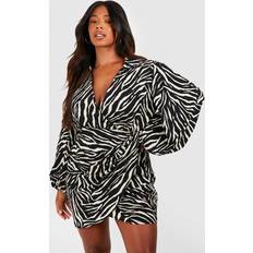 Wool Dresses boohoo Plus Zebra Print Blouson Sleeve Wrap Dress Black