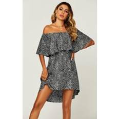 Wrap-Around Dresses FS Collection Leopard Print Bardot Frill Off Shoulder Mini Dress In Black