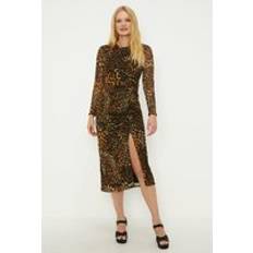 Oasis Animal Ruched Front Mesh Midi Dress Brown