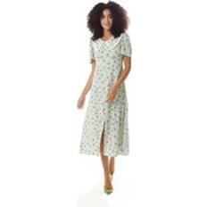 Liquorish Gingham and Floral Midi Dress in Green and White with Trim Lace Collar