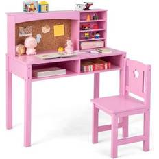 Kid's Room Costway Kids Desk and Chair Set with Hutch and Bulletin 3+ Kids-Pink