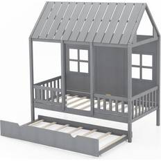 Kid's Room Costway Twin Bed Frame House Bed with Trundle and 82 Inch Tall Roof-Gray