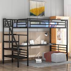 Glorhome Metal Twin Loft Bed with Long Desk & Safety Stairway,Space-Saving Kids Loftbed Frame Teens Box