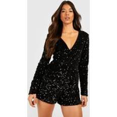 Sequins Jumpsuits & Overalls boohoo Womens Tall Velvet Sequin Belted Romper Black