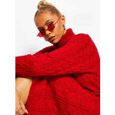 Knitted Dresses - Red boohoo Womens Turtleneck Cable Sweater Dress Red