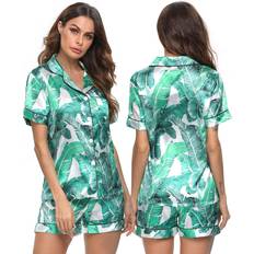Swomog Womens Pajamas Set Silk Satin Sleepwear Short Sleeve Nightwear Button Down - Loungewear