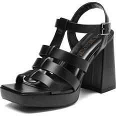 Heeled Sandals Dream Pairs Women's Gladiator Sandals Platform Chunky Heels Sandals, Y2K Strappy Block Heeled Sandals with Adjustable Ankle Strap, Open Square Toe Fisherman T-Strap BLACK, 8.5, SDHS2372W