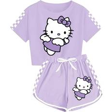 Kid's Raldh Summer Kitty Plaid Shorts Sports Suit - Purple