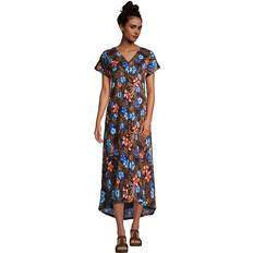 Lands' End XL Dresses Lands' End Women's Crinkle Knit Short Sleeve High Low Midi Dress Deep Sea Navy Tropic Palm Petite