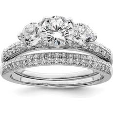 Finest Gold Sterling Silver Rhodium-Plated CZ 3-Stone Pave Band Engagement Ring Set