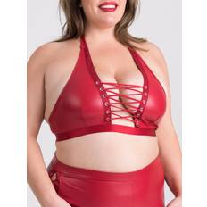 Leather Lingerie & Costumes Sex Toys LoveHoney Plus Size Fierce Leather Look Lace-Up Red Halterneck Bra