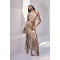 Bronze - Midi Dresses Misspap Premium Satin Draped One Shoulder Fringe Bodycon Dress Bronze