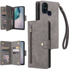 OnePlus Nord Mobile Phone Covers GANGXUN Gray Case For OnePlus Nord N10 5G Magnetic Leather Card Holder Zipper Wallet Cover With Hand Strap