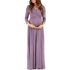 Three Quarter Maternity & Nursing Wear Mother Bee Maternity V Neck 3/4 Sleeve Ruched Waist Dress Vintagepurple