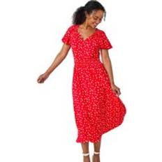 Clothing Roman Petite Polka Dot Button Stretch Midi Dress Red