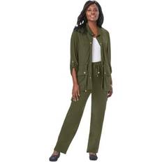 Green - Women Suits Plus Women's 2-Piece Stretch Knit Cargo Set by The London Collection in Dark Olive Green Size 3X