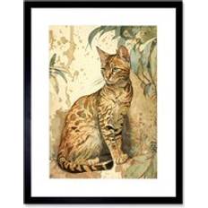 ARTERY8 Marble Coat Bengal Cat Perched on Street Wall Watercolour Illustration Framed Art