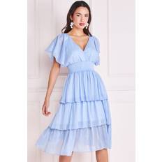 Long Dresses - S Goddiva Plain Lurex Chiffon Tiered Dress Light Blue