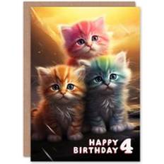 Party Supplies ARTERY8 4th Birthday Greeting Card Cute Rainbow Kittens Kids Age 4 Year Old Child Yellow One Size