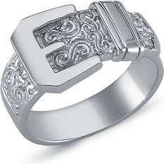 Men - Rhodium Rings Jewelco London W Mens Rhodium Plated Sterling Silver Round Cubic Zirconia Carved Buckle Love Ring 12mm