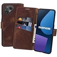 Fairphone 3+ Suncase Book-Style fodral kompatibelt med Fairphone 5 läderfodral smal fit läderfodral mobilväska skyddsfodral med 3 kortfack i antikt kaffe