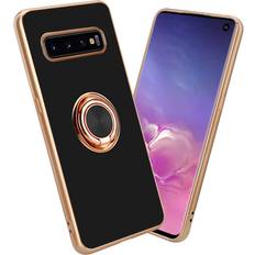 Samsung Galaxy S10+ Mobildeksler Cadorabo Glossy Black Gold Case for Samsung Galaxy S10 PLUS with ring Protective Cover made of flexible TPU silicone, with protection and magnetic car holder