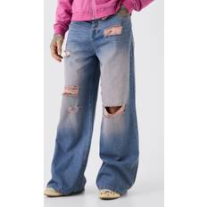 Men - Pink Jeans boohooMAN Mens Tall Extreme Baggy Overdyed Frayed Self Fabric Applique Jean Pink