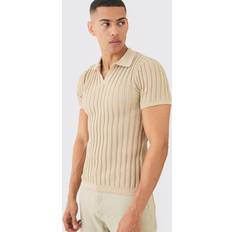 Elastane/Lycra/Spandex Polo Shirts boohooMAN Mens Muscle Fit Revere Ribbed Knit Polo Beige