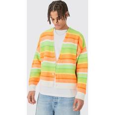 Orange Cardigans boohooMAN Mens Boxy Brushed Striped Cardigan In Orange