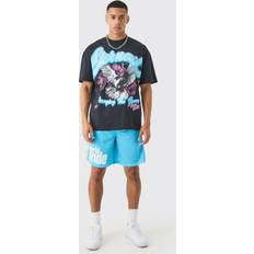 Herren - Mehrfarbig Jumpsuits & Overalls boohooMAN Oversized Graphic T-shirt and Mesh Short Set - Multi