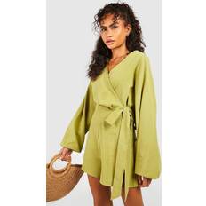 Boohoo Jumpsuits & Overalls boohoo Linen Wrap Over Tie Detail Playsuit Olive