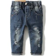 Kidscool Space Baby Girl Boy Jean D Ring Elastic Band Inside Ripped Denim Pants - Dark Blue