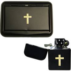 Gold Lighters Knight Gold Latin cross matte black tobacco tin and stormproof petrol lighter