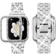 Supoix Women Jewelry Bling Diamond Rhinestone Strap and Case for Apple Watch 38/40/41/42/44/45/49mm 2-Pack