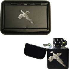 Lighters Knight Pheasant matte black tobacco tin and stormproof petrol lighter