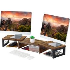 Giikin Dual Monitor Stand Riser- Office Desktop Organizer Stands for 2 Monitors Length and Angle Adjustable 3 Shelf, Multifunctional Stand fit Computer, Laptop, PC, TV Retro Brown