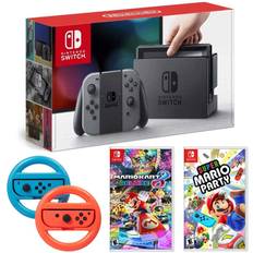 Game Consoles Nintendo Switch 32GB Console with Gray Joy Con Bundle w/Super Mario Party, Mario Kart 8 Deluxe and Steering Wheel Blue/Red 2-Pack