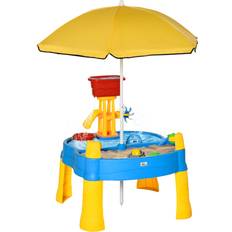 Toys Qaba 2-in-1 Covered Sandbox Table with Umbrella for Outdoors and Indoors, 25-Piece Sand and Water Table for Toddlers, Little Kids Toys