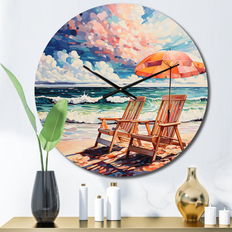 Clocks Design Art "Beautify Beach Chairs Scenery I" Nautical & Beach Oversized Peach Wall Clock