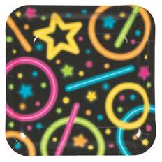 Party Supplies 8 Pc 9" Neon Glow Party Rings & Stars Square Paper Dinner Plates